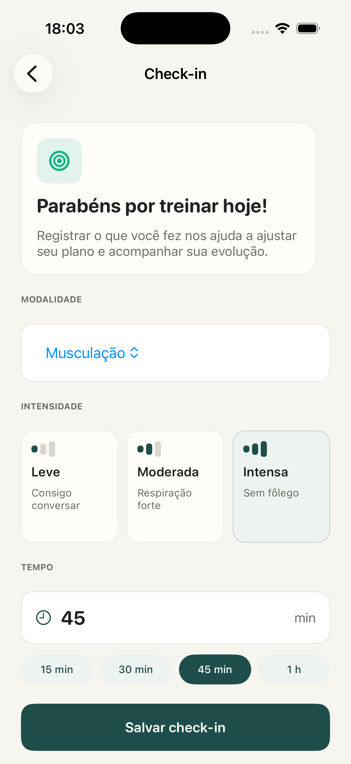 Tela de check-in do app FitCare