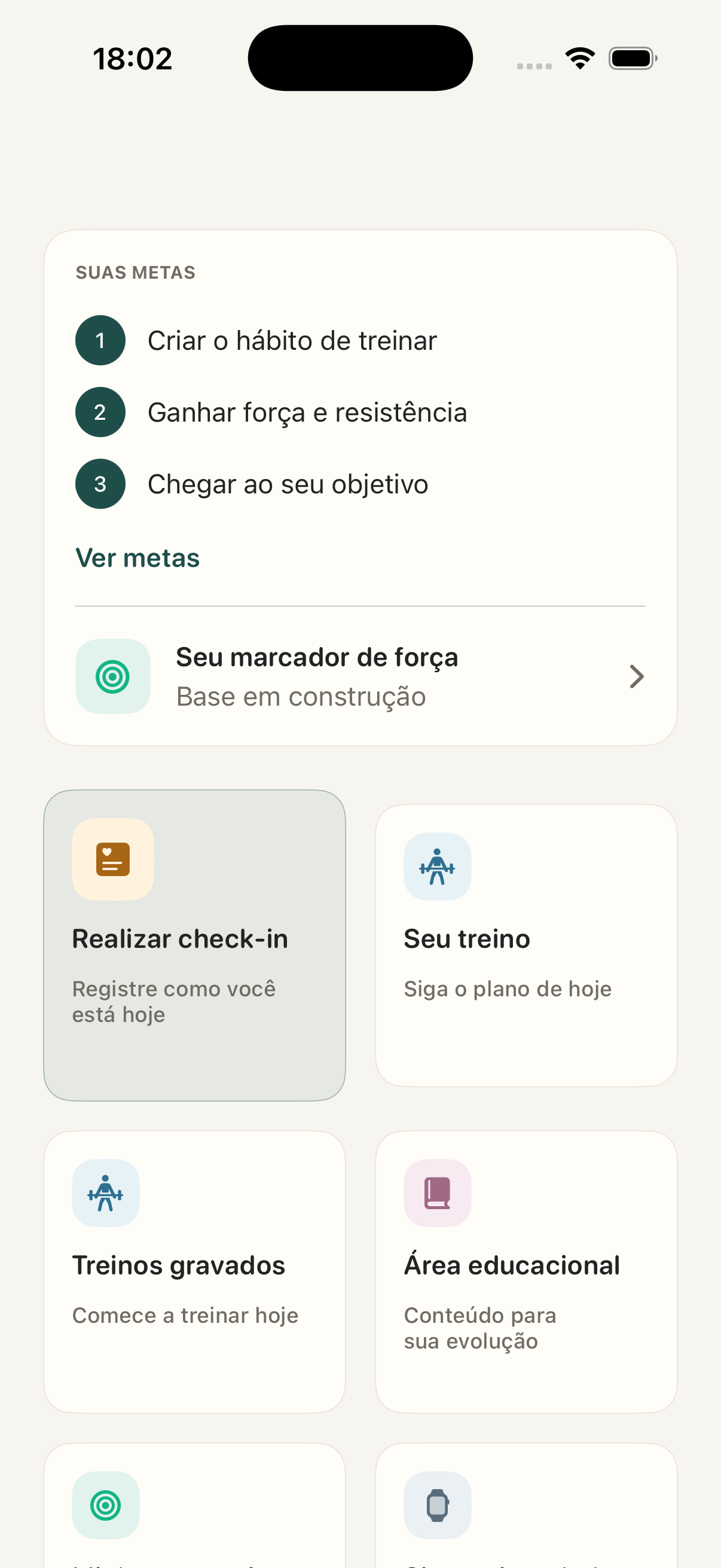 Tela inicial do app FitCare com metas e atalhos
