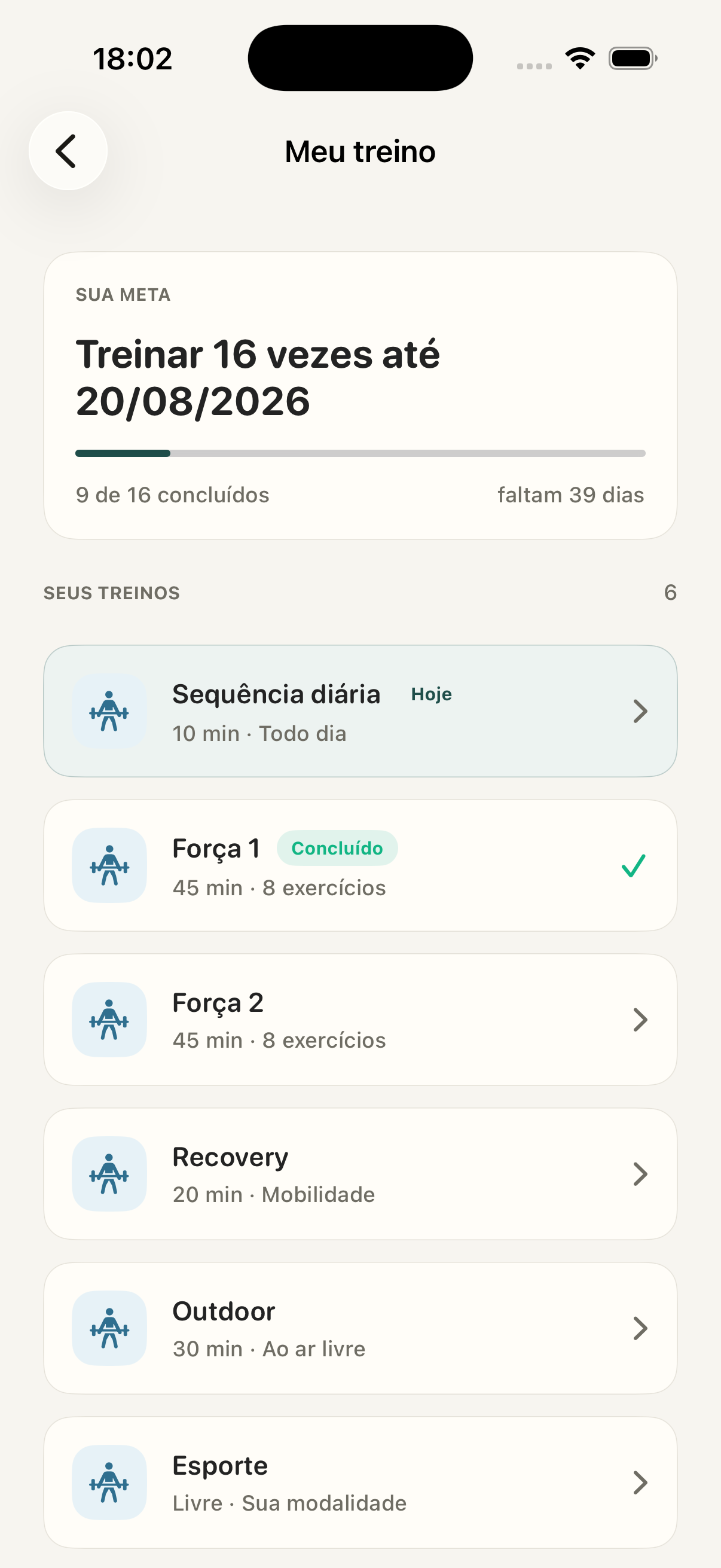 Tela Meu treino do app FitCare